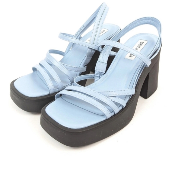 Retro Baby Blue 10 Y2K Platform Chunky Hipster Leather Slip On Sandals New - Picture 1 of 6